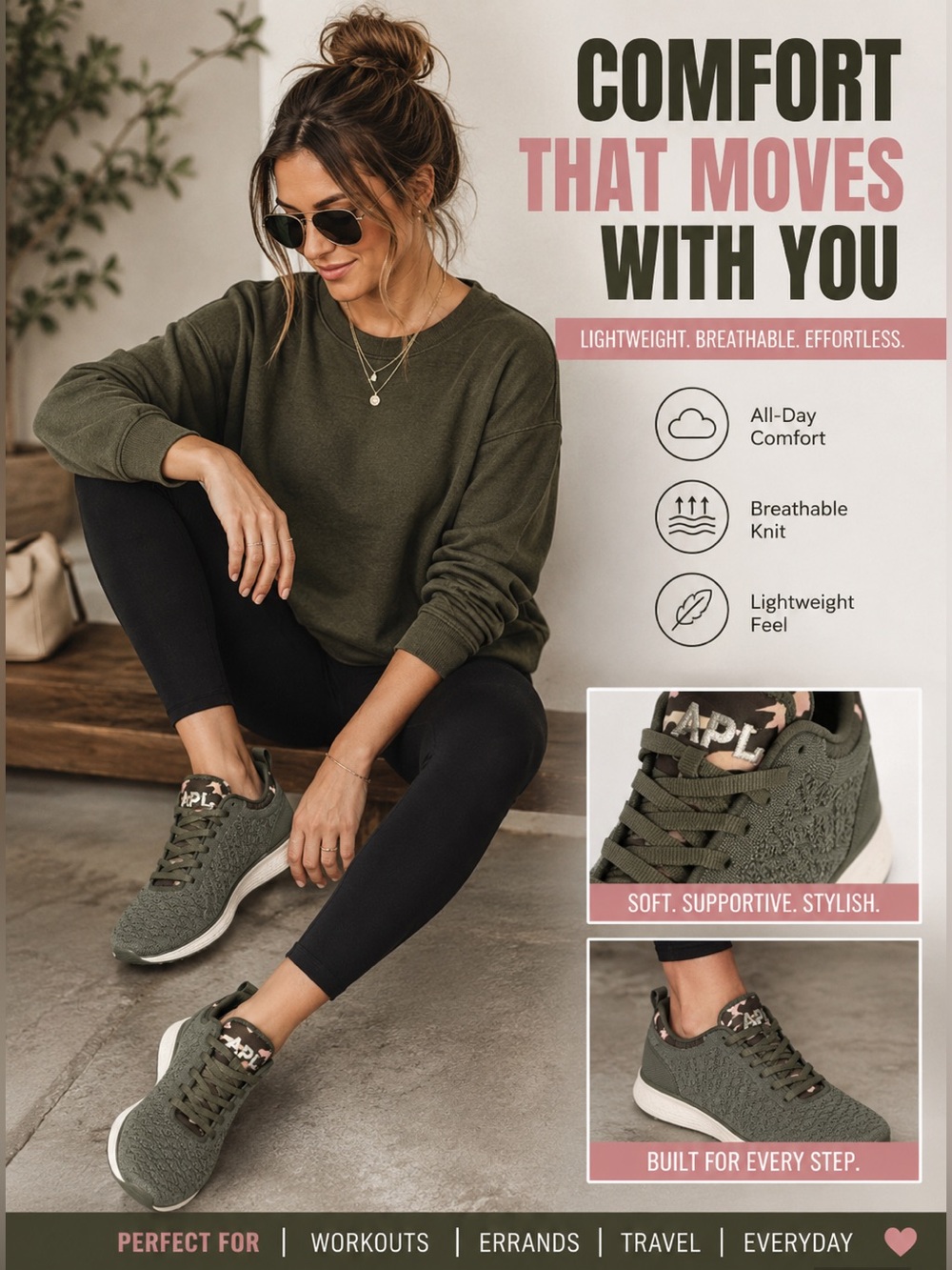 APL Olive Green Knit Athletic Sneakers with Pink Camouflage Accents